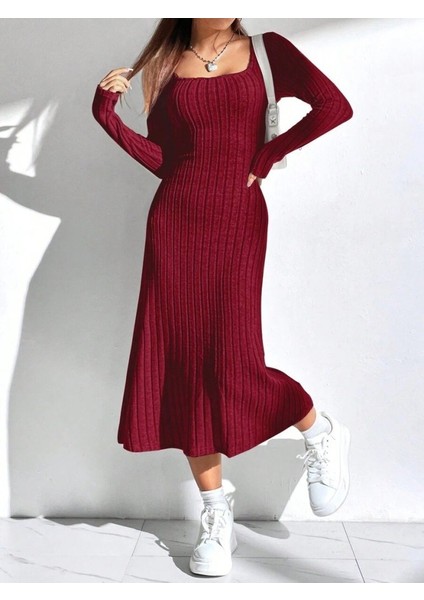 Kadın Uzun Kollu Kare Yaka Midi Kaşkorse Elbise