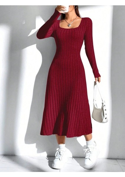 Kadın Uzun Kollu Kare Yaka Midi Kaşkorse Elbise modelleri