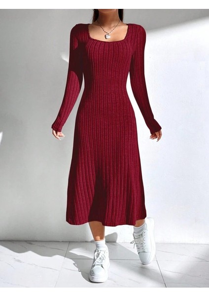 Kadın Uzun Kollu Kare Yaka Midi Kaşkorse Elbise indirimleri