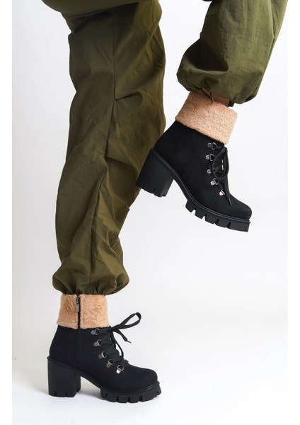 Emma Bağcıklı Fermuarlı Ortopedik Taban Topuklu Kürk Detaylı Süet Kadın Bot Sst - Siyah fiyatları