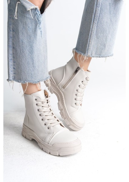 Bloom Bağcıklı Fermuarlı Ortopedik Taban Kadın Bot Ckt - Krem