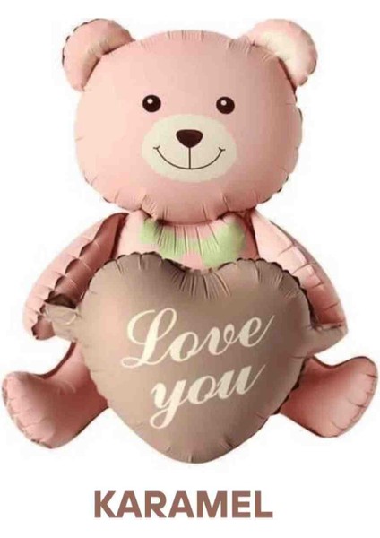 Love You Yazılı Retro Kahverengi-Pembe Kalpli Oturan Ayı Folyo Balon