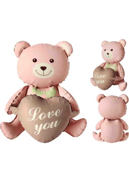 Love You Yazılı Retro Kahverengi-Pembe Kalpli Oturan Ayı Folyo Balon fiyatları