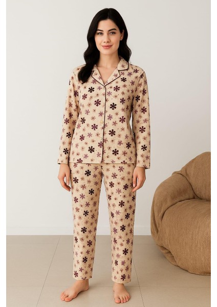 Kadın 02277 Önü Düğemli Süet Pijama Takımı Bej