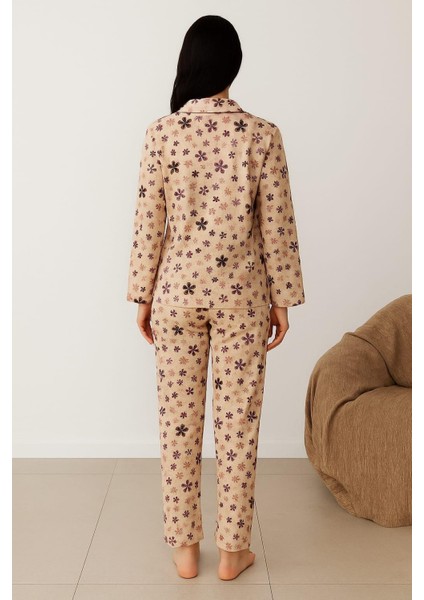 Kadın 02277 Önü Düğemli Süet Pijama Takımı Bej fiyatları