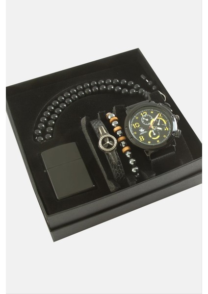 Depomix Kayışlı Kol Saati Tesbih Bileklik ve Çakmak Kutulu Set-Siyah