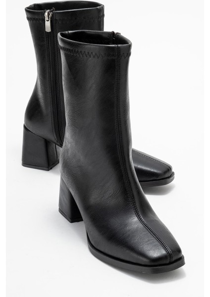 Küt Burunlu Sade Dikişli Fermuarlı Kadın Topuklu Bot Siyah Cilt