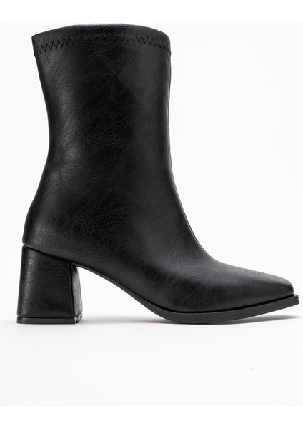 Küt Burunlu Sade Dikişli Fermuarlı Kadın Topuklu Bot Siyah Cilt modelleri