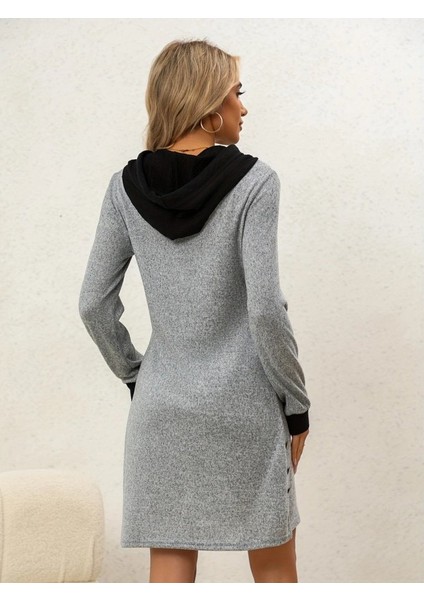 Kadın Uzun Kollu Kapşonlu Önden Fermuarlı Düğmeli Mini Iki Iplik Elbise fırsatları
