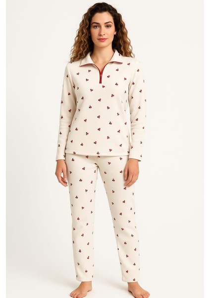 Kadın 70902 Yarım Fermuarlı Uzun Kol Waffle Pijama Takımı Ekru