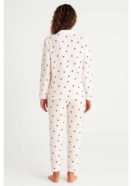 Kadın 70902 Yarım Fermuarlı Uzun Kol Waffle Pijama Takımı Ekru fiyatları