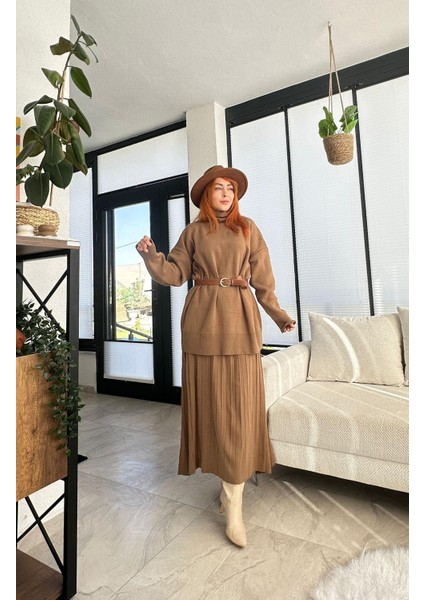 Süt Kahve Triko Etek Kazak Takım fiyatları