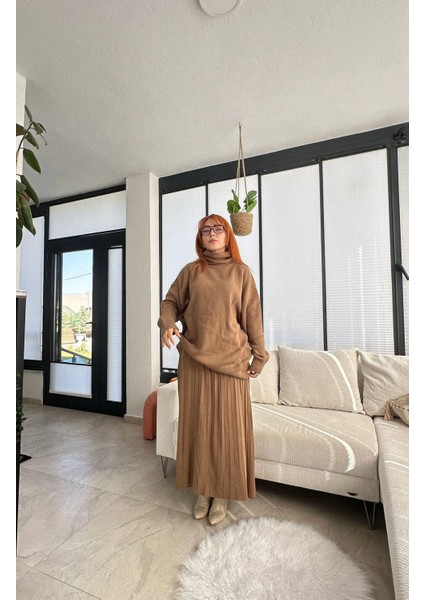 Süt Kahve Triko Etek Kazak Takım modelleri