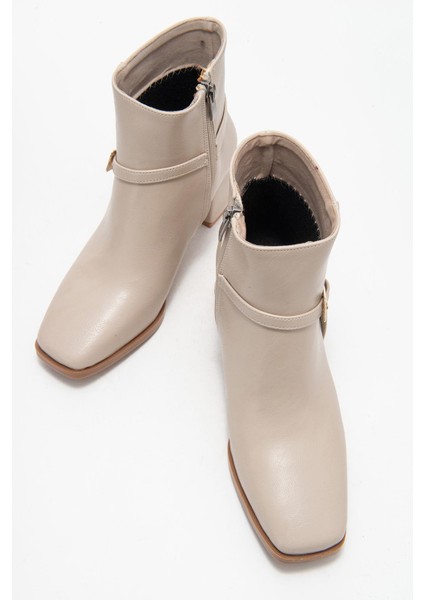 Küt Burunlu Tokalı Kadın Topuklu Bot Ten Cilt indirimleri