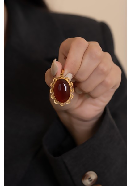 14 Ayar Altın Telkari İşlemeli Akik Taşlı El İşi Kolye Ucu