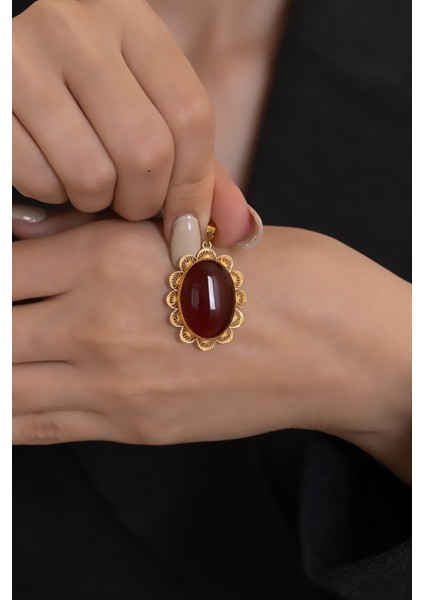 14 Ayar Altın Telkari İşlemeli Akik Taşlı El İşi Kolye Ucu fiyatları