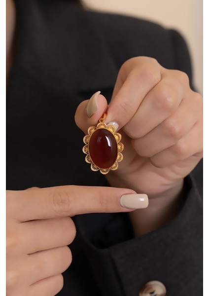 14 Ayar Altın Telkari İşlemeli Akik Taşlı El İşi Kolye Ucu fırsatları