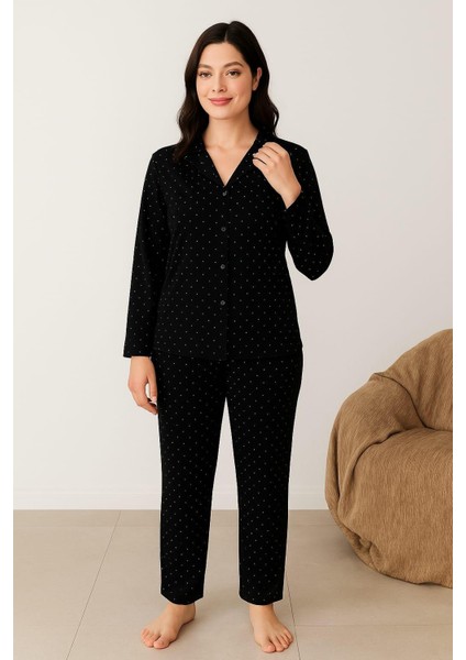 Kadın 02267 Önü Düğmeli Süet Pijama Takımı Siyah