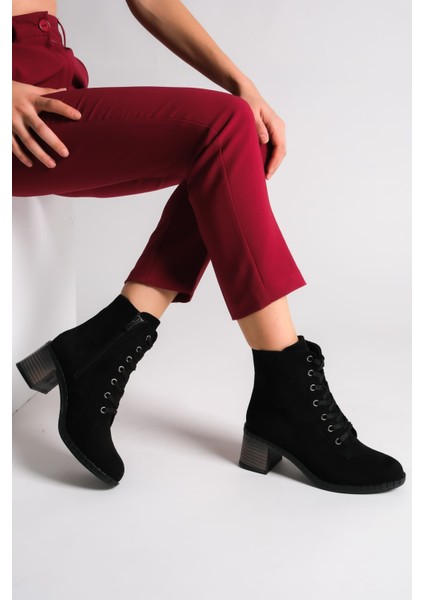 Dıana Bağcıklı Fermuarlı Ortopedik Taban Topuklu Süet Kadın Bot Sst - Siyah fiyatları