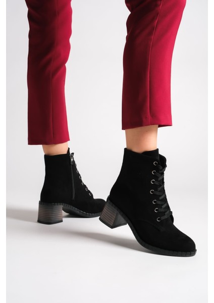 Dıana Bağcıklı Fermuarlı Ortopedik Taban Topuklu Süet Kadın Bot Sst - Siyah modelleri