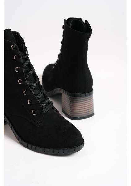 Dıana Bağcıklı Fermuarlı Ortopedik Taban Topuklu Süet Kadın Bot Sst - Siyah indirimleri