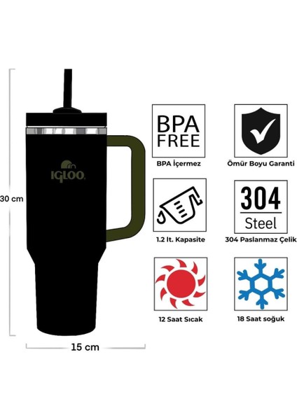 Çelik Mug Termos - Igloo - Stadler - 1.2 Lt - Siyah/haki - 205787 fırsatları