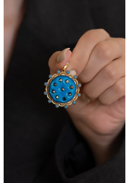 14 Ayar Altın Firuze Boncuklu Süryani Nazarlığı 9 Gözlü Kolye Ucu