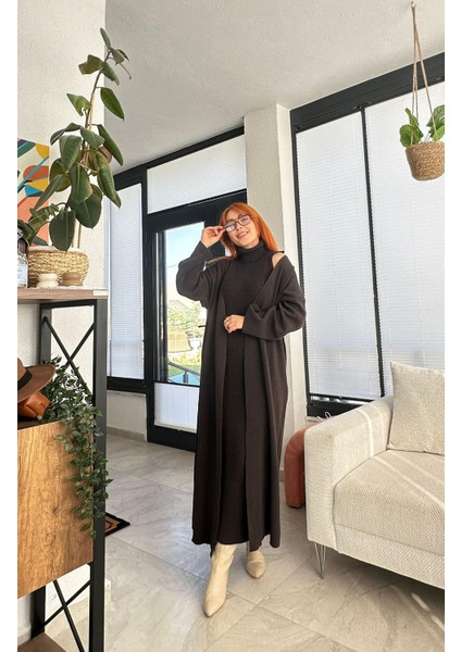 Kahve Elbise Hırka Takım