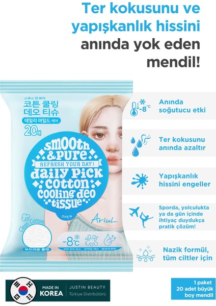 Smooth & Pure Cotton Cooling Deo Tissue - Cilt Serinletici, Koku Önleyen & Multi Fonksiyonel Vegan Deodorant Mendil