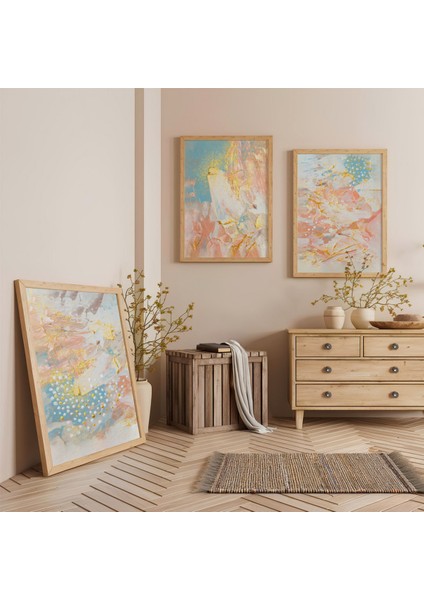 Ahşap Çerçeveli Pastel Bahar Üçlü Ahşap Tablo Seti