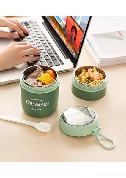 2 Katlı Lunch Box - Yeşil - Paslanmaz Çelik - Kaşıklı - Yemek Taşıma Kabı - 710ML