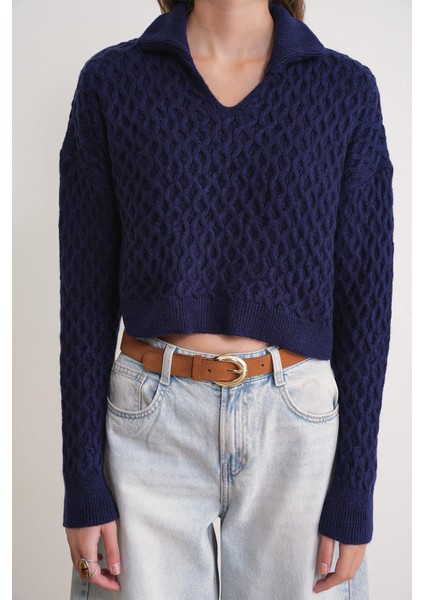 6896 Kadın Örgü Detaylı Crop Triko Kazak Lacivert indirimleri