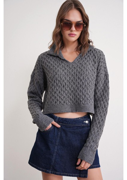 6896 Kadın Örgü Detaylı Crop Triko Kazak Antrasit
