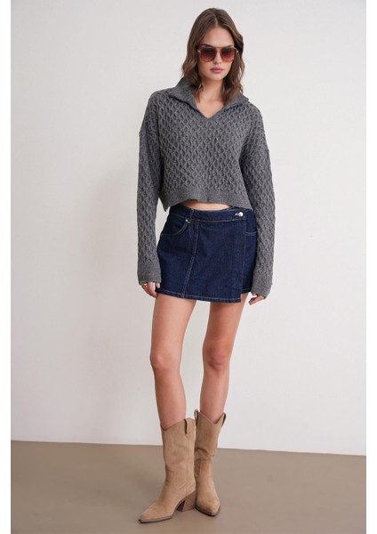 6896 Kadın Örgü Detaylı Crop Triko Kazak Antrasit fiyatları