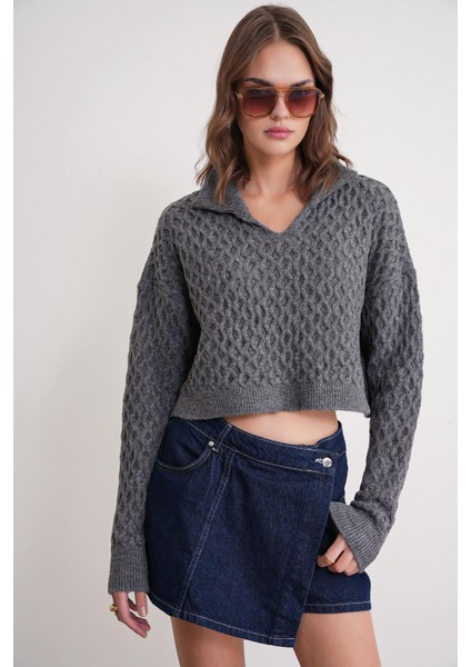 6896 Kadın Örgü Detaylı Crop Triko Kazak Antrasit modelleri
