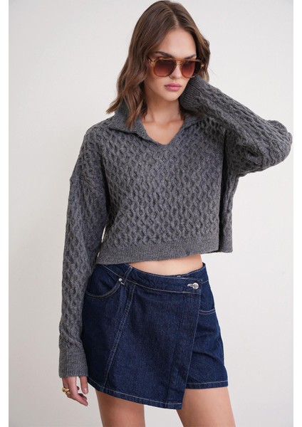 6896 Kadın Örgü Detaylı Crop Triko Kazak Antrasit fırsatları