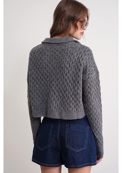 6896 Kadın Örgü Detaylı Crop Triko Kazak Antrasit