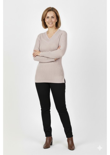 Kadın Kışlık Anne Kazak V Yaka Pamuklu Kardelen Örme Esnek Rahat Kesim Tam Kalıp fırsatları