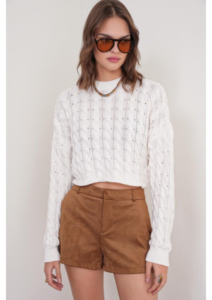 6863 Kadın Saç Örgülü Crop Triko Kazak Kemik