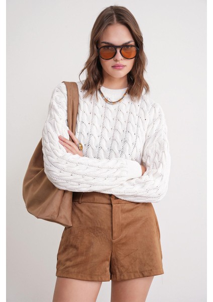 6863 Kadın Saç Örgülü Crop Triko Kazak Kemik modelleri