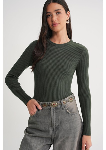 6938 Kadın Bisiklet Yaka Fitilli Triko Body Haki