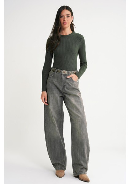 6938 Kadın Bisiklet Yaka Fitilli Triko Body Haki fiyatları