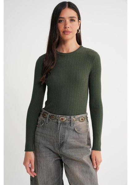 6938 Kadın Bisiklet Yaka Fitilli Triko Body Haki modelleri