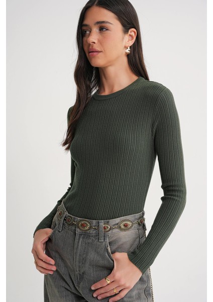 6938 Kadın Bisiklet Yaka Fitilli Triko Body Haki fırsatları