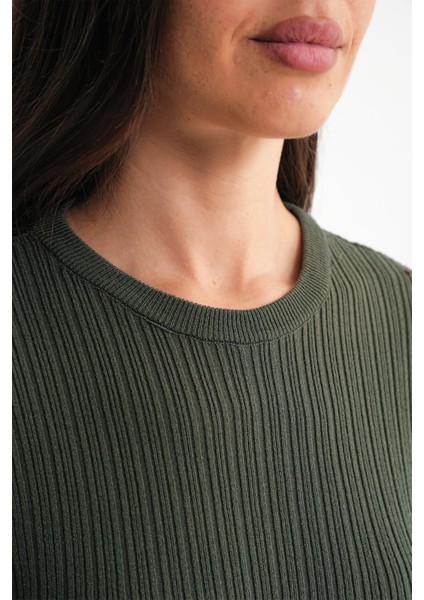 6938 Kadın Bisiklet Yaka Fitilli Triko Body Haki