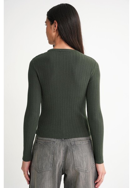 6938 Kadın Bisiklet Yaka Fitilli Triko Body Haki