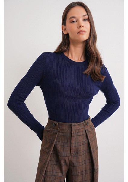 6938 Kadın Bisiklet Yaka Fitilli Triko Body Lacivert