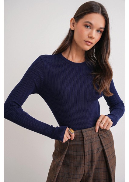 6938 Kadın Bisiklet Yaka Fitilli Triko Body Lacivert modelleri