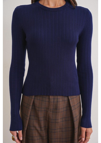 6938 Kadın Bisiklet Yaka Fitilli Triko Body Lacivert indirimleri