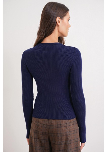 6938 Kadın Bisiklet Yaka Fitilli Triko Body Lacivert